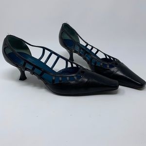 Vera Wang Black Leather Cage Pointed Toe Heels